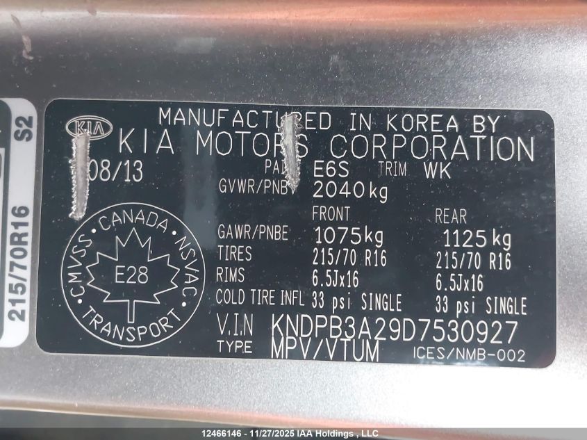 2013 Kia Sportage Lx VIN: KNDPB3A29D7530927 Lot: 12466146X