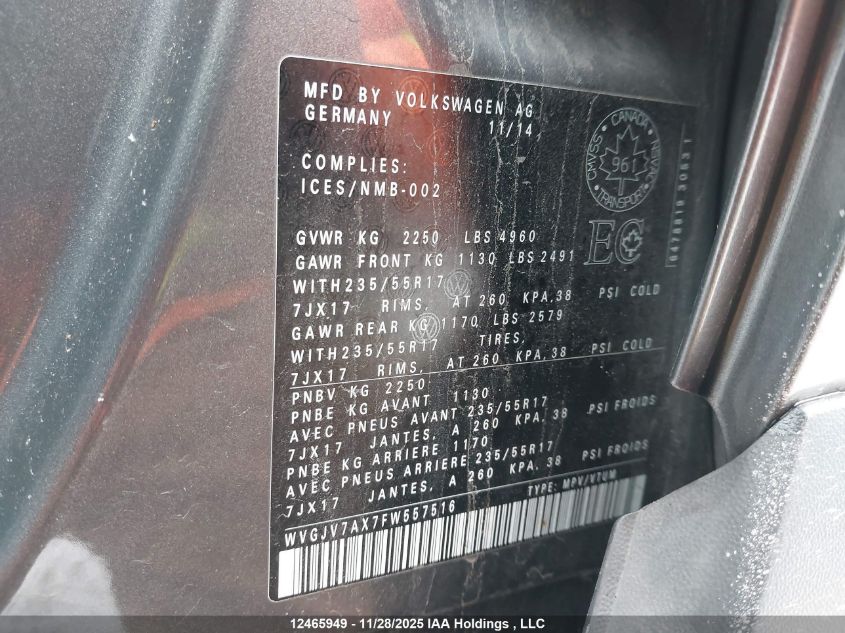 2015 Volkswagen Tiguan Comfortline/Highline/Special Edition/Trendline VIN: WVGJV7AX7FW557516 Lot: 12465949X