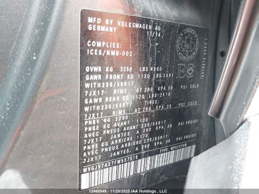 2015 Volkswagen Tiguan Comfortline/Highline/Special Edition/Trendline VIN: WVGJV7AX7FW557516 Lot: 12465949X