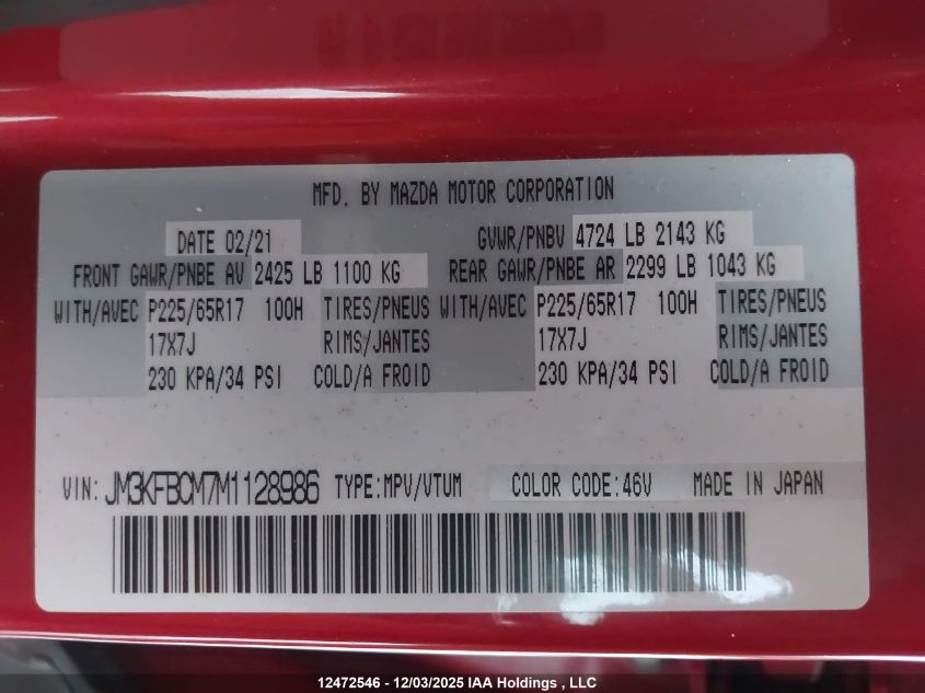 2021 Mazda Cx-5 Gs/Kuro Edition/Signature VIN: JM3KFBCM7M1128986 Lot: 12472546