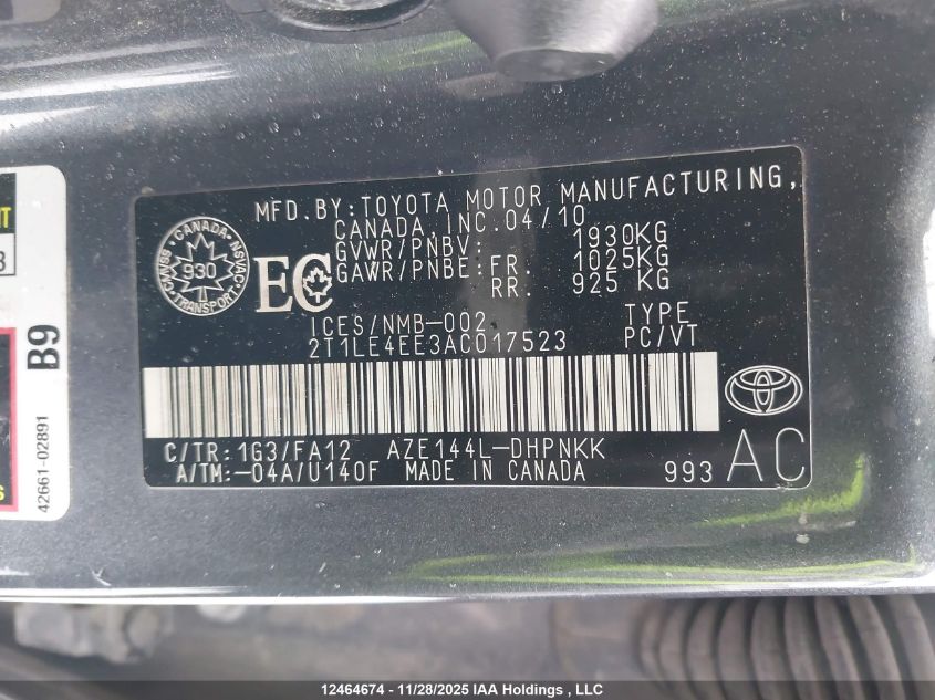 2010 Toyota Matrix VIN: 2T1LE4EE3AC017523 Lot: 12464674X