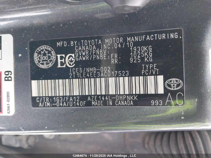 2010 Toyota Matrix VIN: 2T1LE4EE3AC017523 Lot: 12464674X