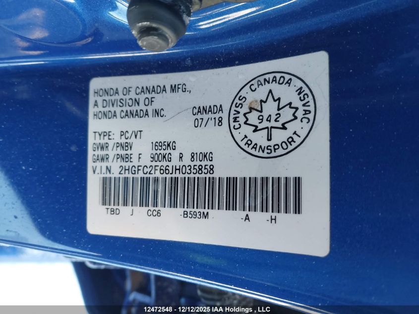 2018 Honda Civic VIN: 2HGFC2F66JH035858 Lot: 12472548