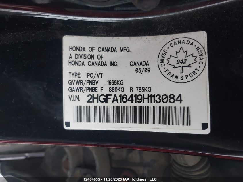 2009 Honda Civic Dx-G VIN: 2HGFA16419H113084 Lot: 12464635X