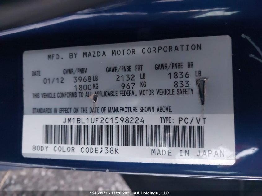 2012 Mazda Mazda3 Gx VIN: JM1BL1UF2C1598224 Lot: 12463971X