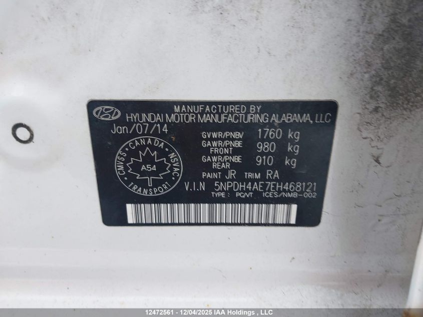 2014 Hyundai Elantra Gls VIN: 5NPDH4AE7EH468121 Lot: 12472561