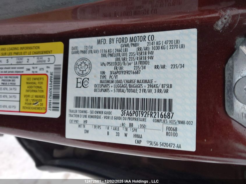 2015 Ford Fusion Se VIN: 3FA6P0T92FR216687 Lot: 12472581