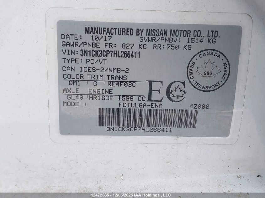 2017 Nissan Micra S/Sr/Sv VIN: 3N1CK3CP7HL266411 Lot: 12472585