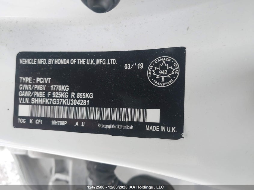 SHHFK7G37KU304281 2019 HONDA CIVIC photo no. 18