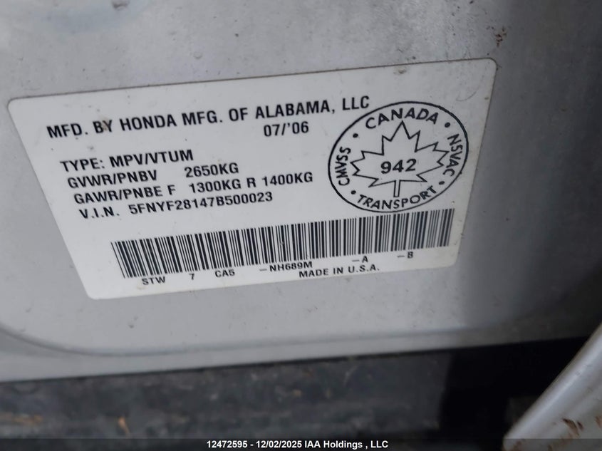 5FNYF28147B500023 2007 HONDA PILOT photo no. 9