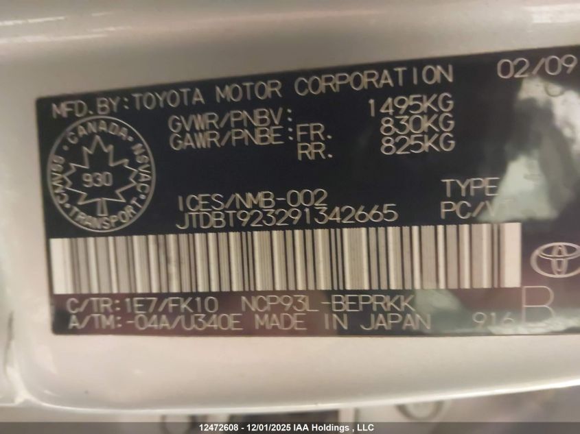 2009 Toyota Yaris VIN: JTDBT923291342665 Lot: 12472608