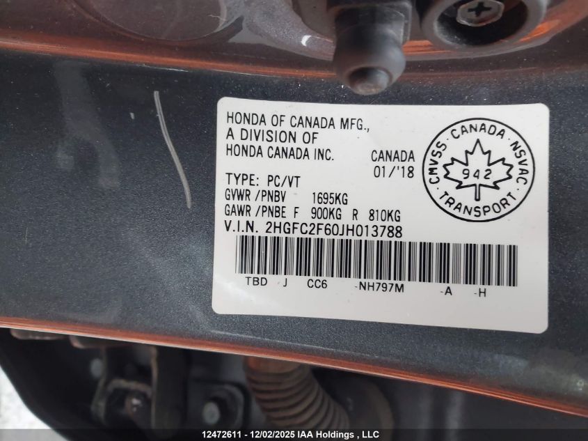 2018 Honda Civic Lx VIN: 2HGFC2F60JH013788 Lot: 12472611