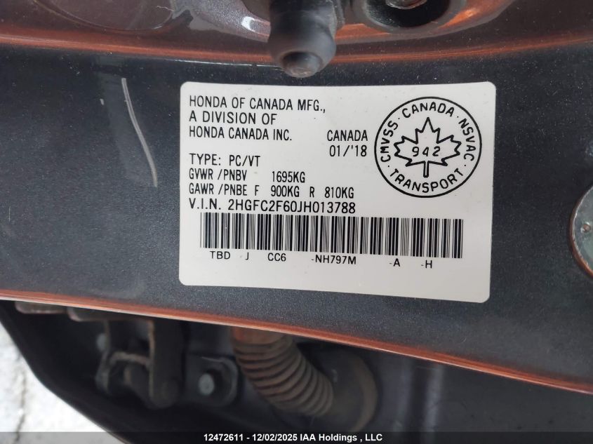 2018 Honda Civic Lx VIN: 2HGFC2F60JH013788 Lot: 12472611