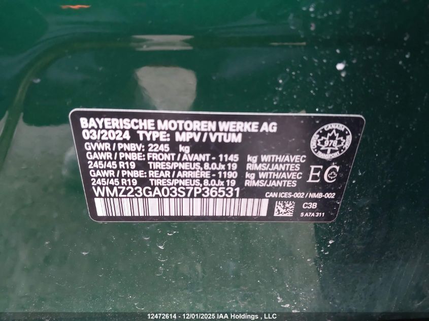 2025 Mini Countryman Cooper S VIN: WMZ23GA03S7P36531 Lot: 12472614