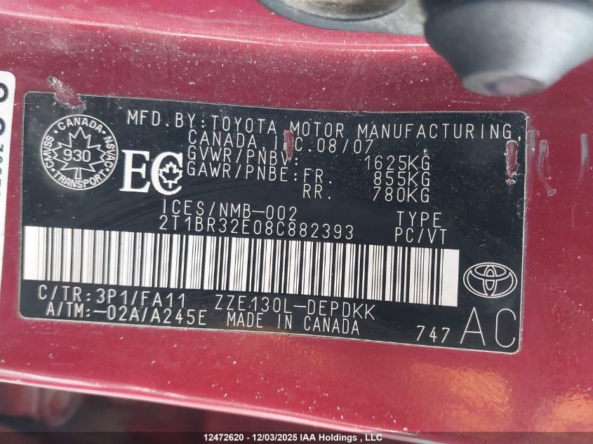 2008 Toyota Corolla VIN: 2T1BR32E08C882393 Lot: 12472620