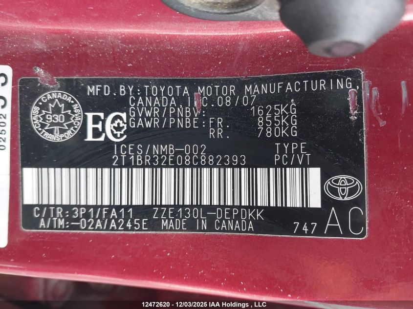 2008 Toyota Corolla VIN: 2T1BR32E08C882393 Lot: 12472620