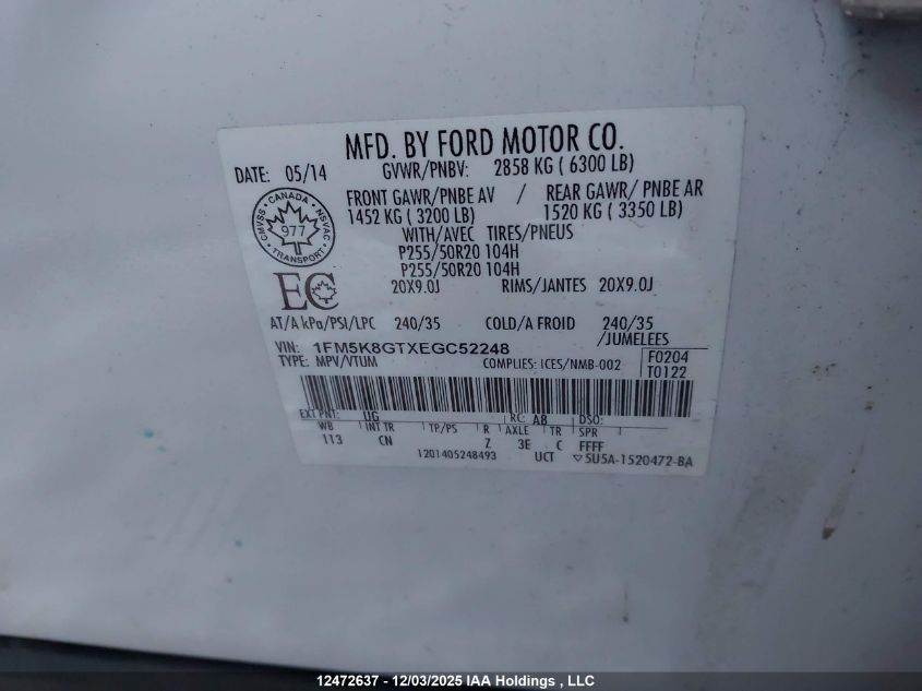 2014 Ford Explorer VIN: 1FM5K8GTXEGC52248 Lot: 12472637