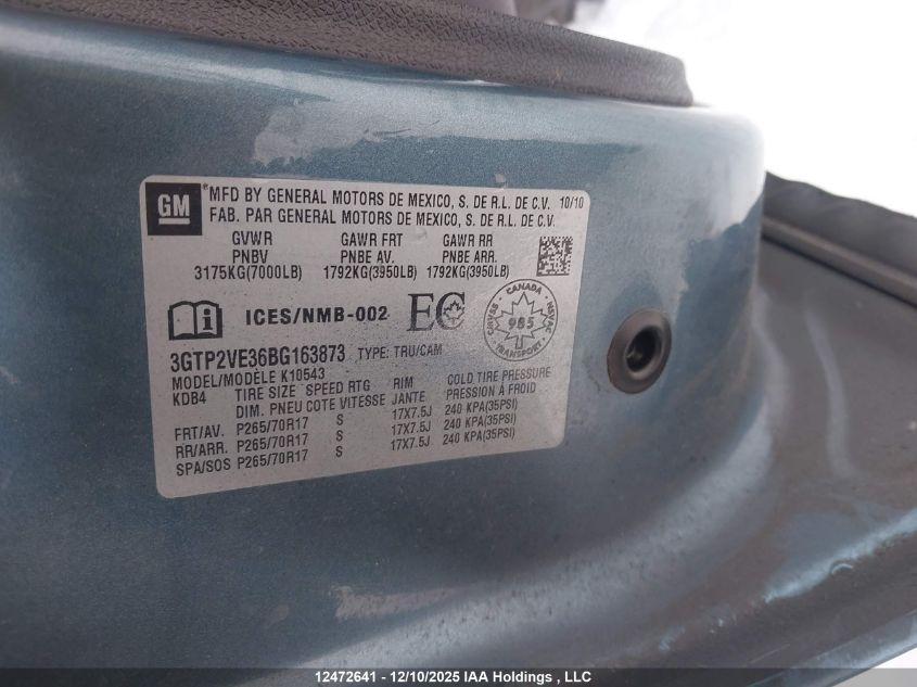 2011 GMC Sierra 1500 VIN: 3GTP2VE36BG163873 Lot: 12472641
