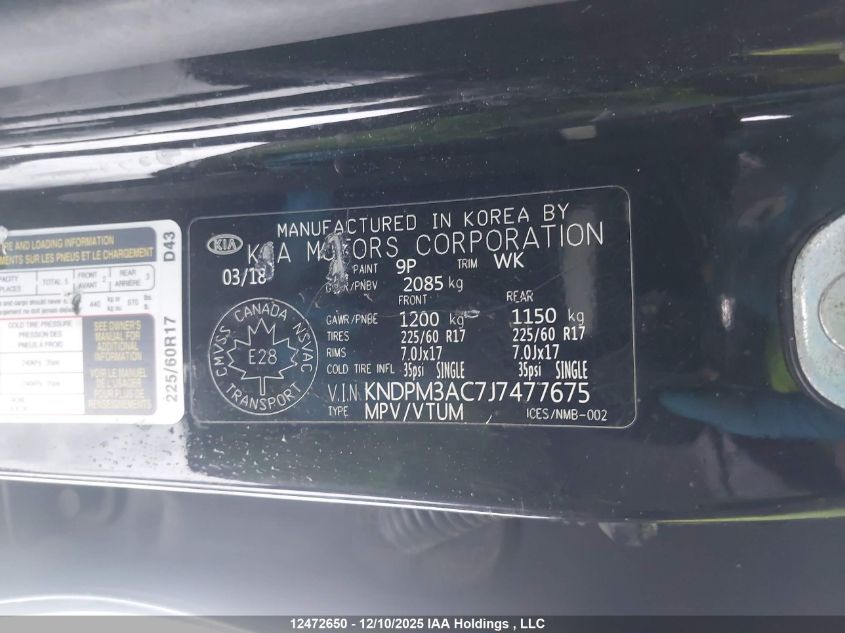 2018 Kia Sportage Lx VIN: KNDPM3AC7J7477675 Lot: 12472650