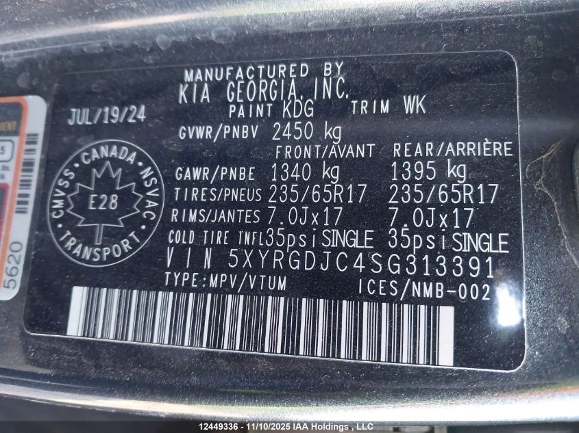 2025 Kia Sorento 2.5L Lx VIN: 5XYRGDJC4SG313391 Lot: 12449336X