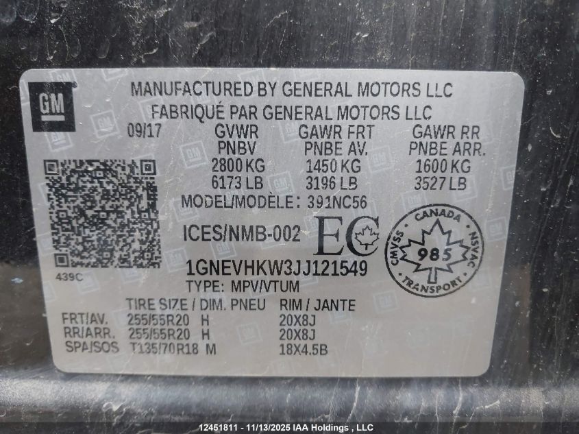 2018 Chevrolet Traverse 3Lt VIN: 1GNEVHKW3JJ121549 Lot: 12451811X