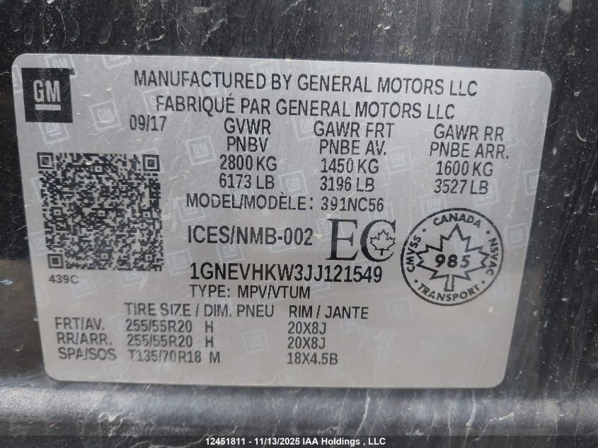 2018 Chevrolet Traverse 3Lt VIN: 1GNEVHKW3JJ121549 Lot: 12451811X