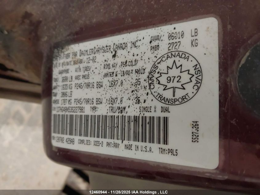 2003 Dodge Dakota Slt VIN: 1D7HG48N53S227981 Lot: 12460944X