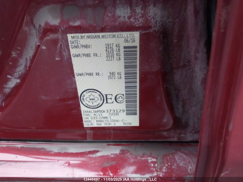 2016 Nissan Altima 2.5/2.5 S/2.5 Sl Tech/2.5 Sr/2.5 Sv VIN: 1N4AL3AP0GN373129 Lot: 12445897X