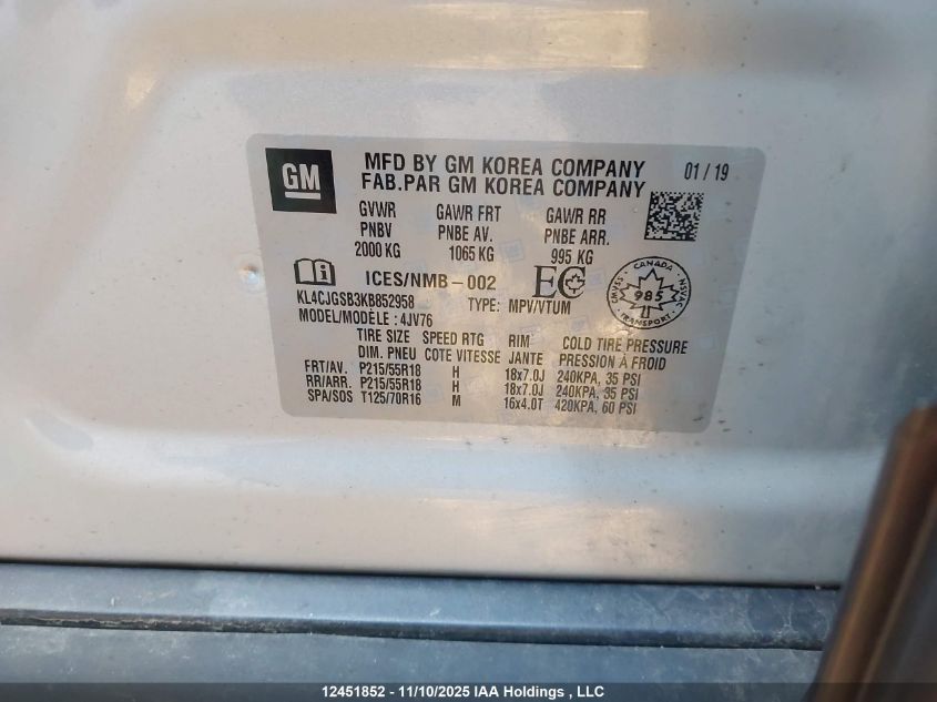 2019 Buick Encore Essence VIN: KL4CJGSB3KB852958 Lot: 12451852X