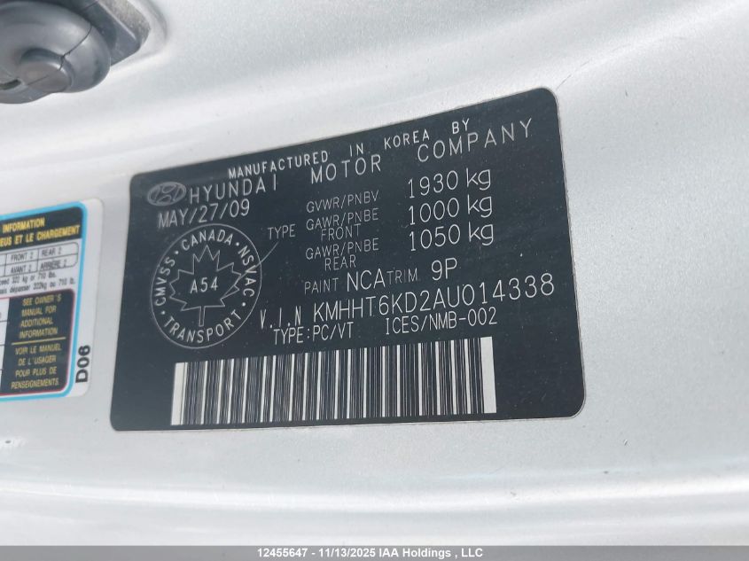 2010 Hyundai Genesis 2.0T VIN: KMHHT6KD2AU014338 Lot: 12455647X