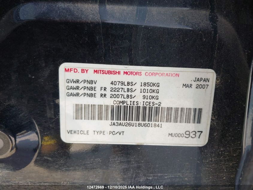 2008 Mitsubishi Lancer Es VIN: JA3AU26U18U601841 Lot: 12472669