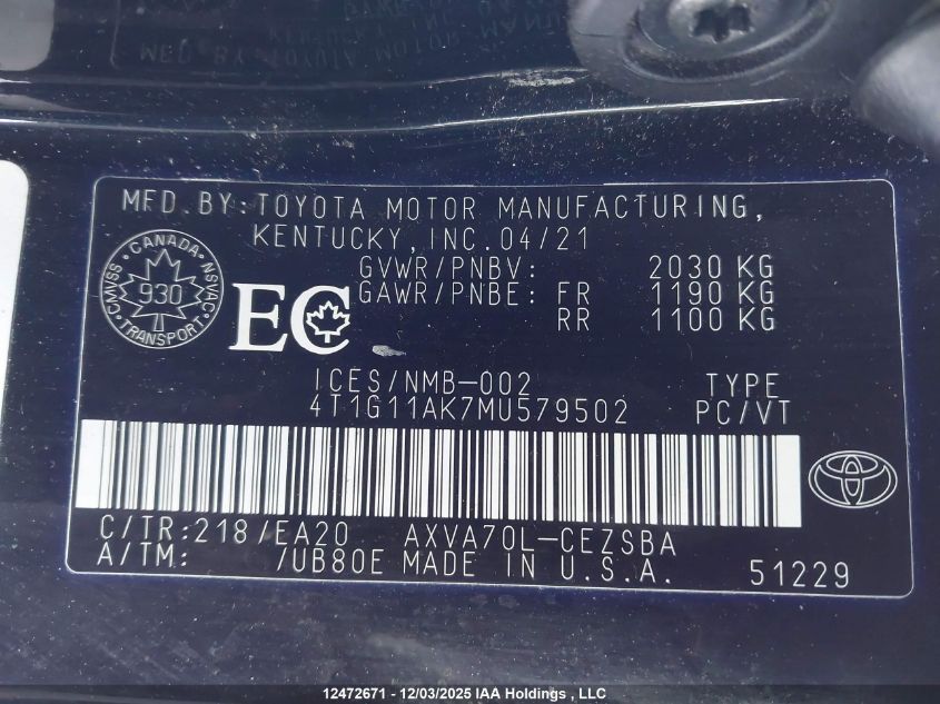 2021 Toyota Camry Se VIN: 4T1G11AK7MU579502 Lot: 12472671