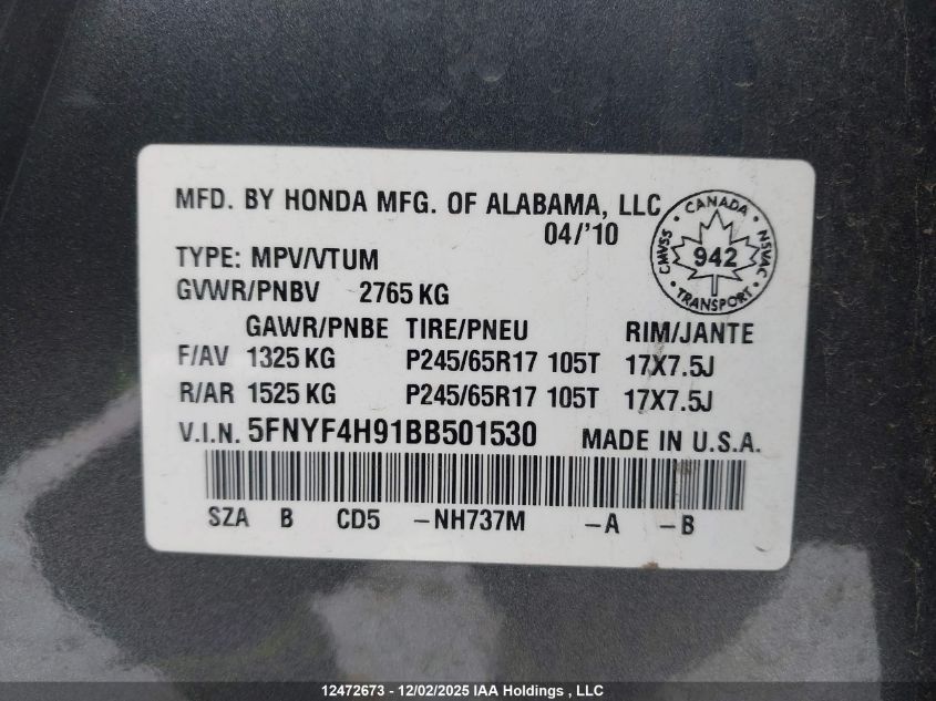 2011 Honda Pilot Touring VIN: 5FNYF4H91BB501530 Lot: 12472673