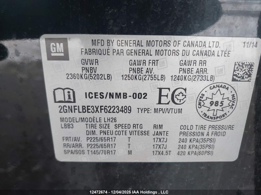 2015 Chevrolet Equinox 1Lt VIN: 2GNFLBE3XF6223489 Lot: 12472674