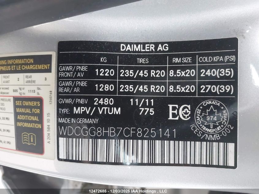 2012 Mercedes-Benz Glk 350 4Matic VIN: WDCGG8HB7CF825141 Lot: 12472685