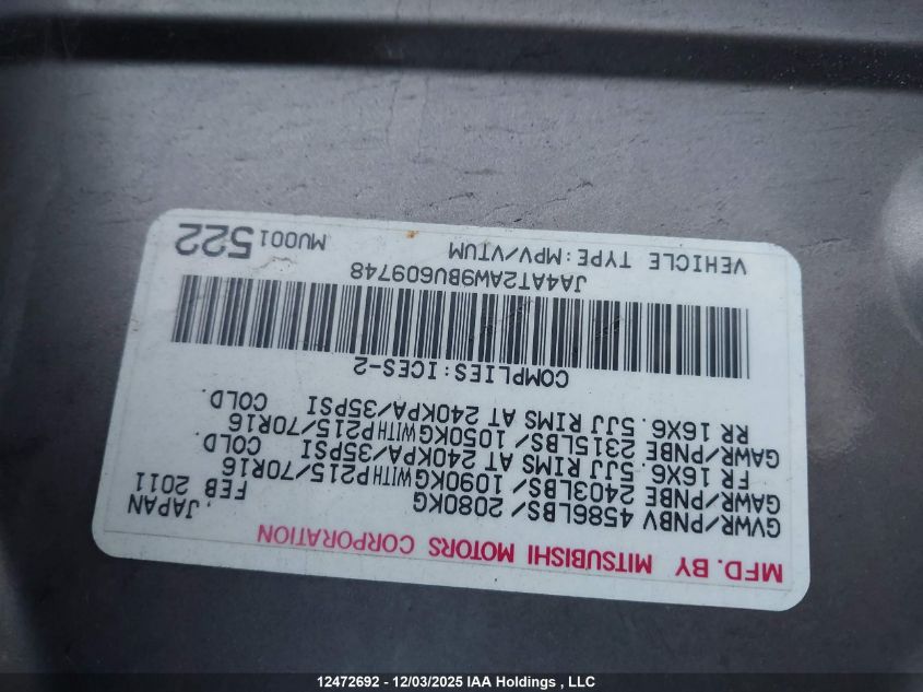 2011 Mitsubishi Outlander Es VIN: JA4AT2AW9BU609748 Lot: 12472692