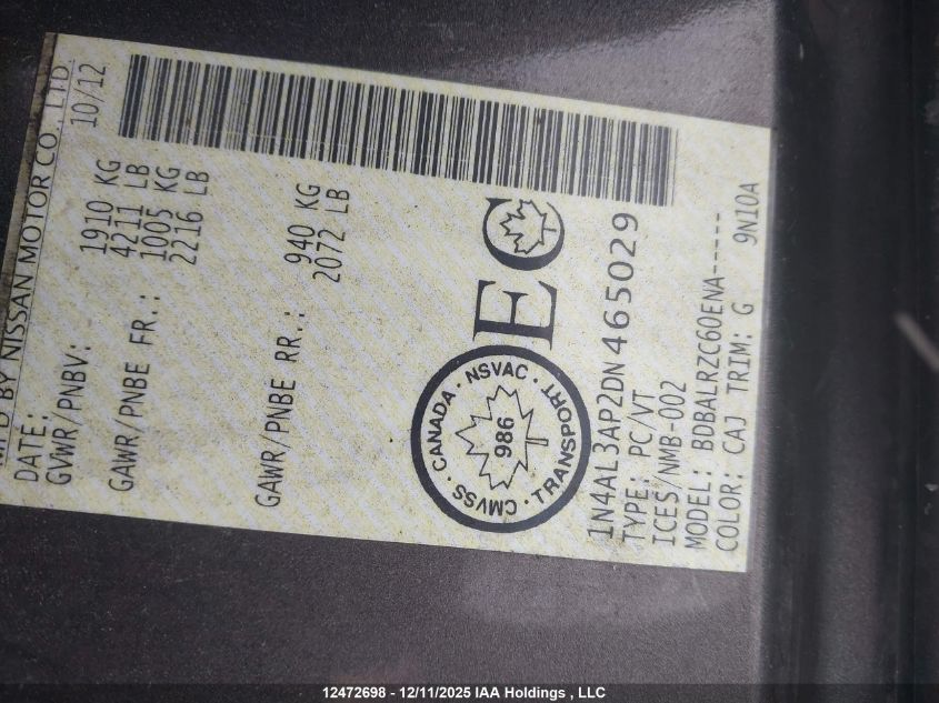 2013 Nissan Altima 2.5/S/Sv/Sl VIN: 1N4AL3AP2DN465029 Lot: 12472698