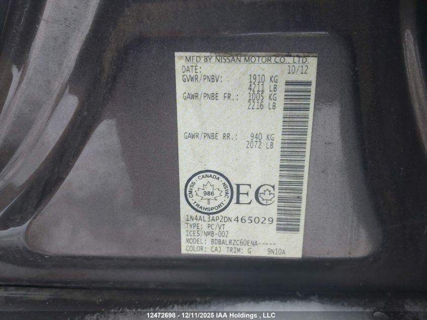 2013 Nissan Altima 2.5/S/Sv/Sl VIN: 1N4AL3AP2DN465029 Lot: 12472698