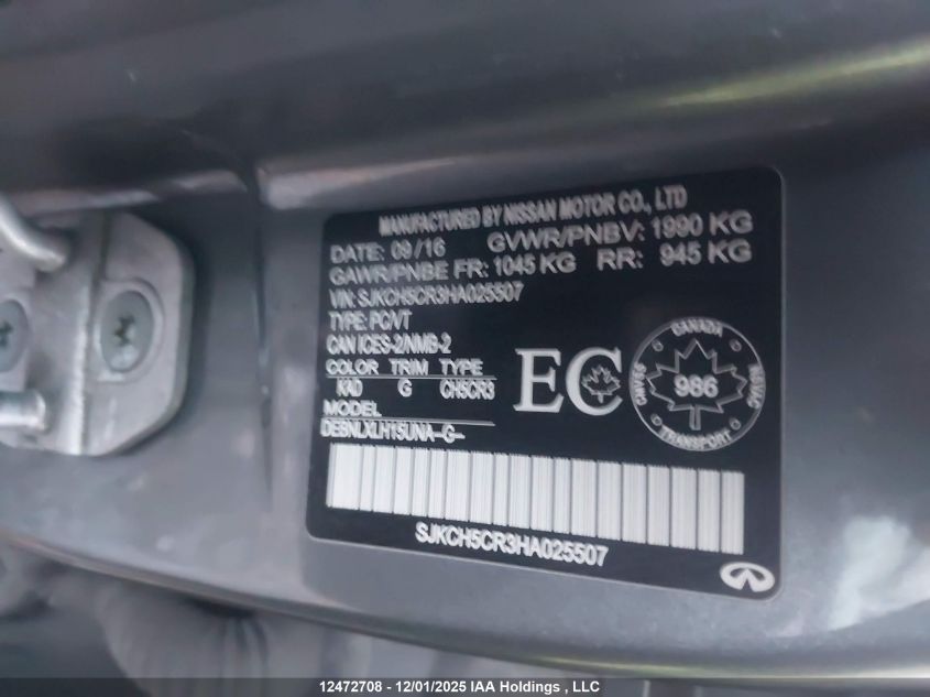 2017 Infiniti Qx30 VIN: SJKCH5CR3HA025507 Lot: 12472708