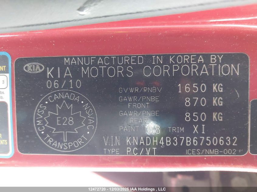 2011 Kia Rio Ex/Ex-Convenience VIN: KNADH4B37B6750632 Lot: 12472720