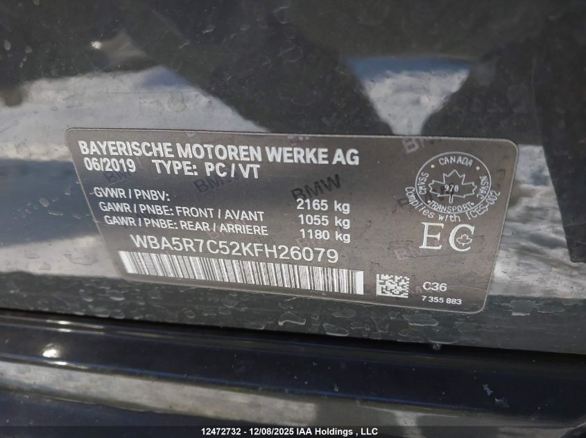 2019 BMW 330Xi VIN: WBA5R7C52KFH26079 Lot: 12472732