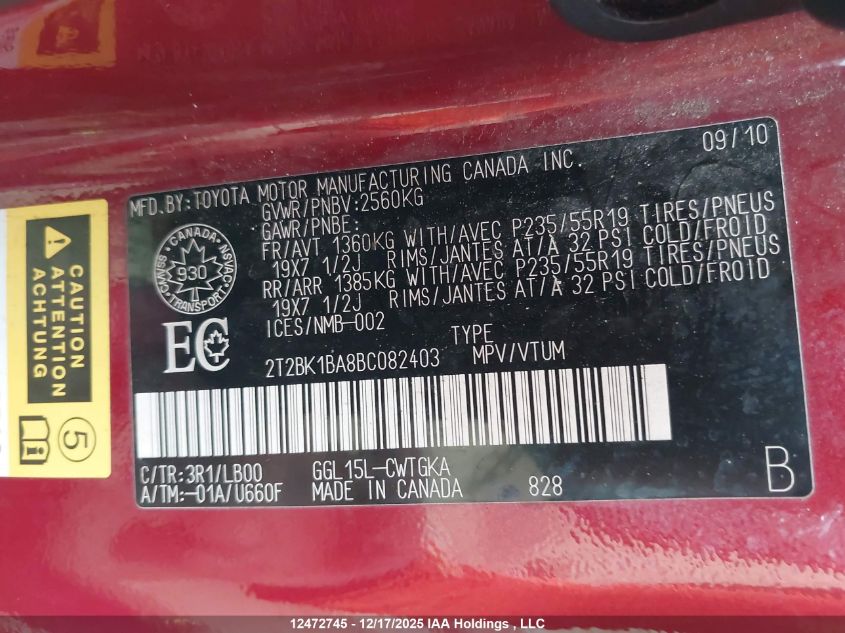 2011 Lexus Rx 350 VIN: 2T2BK1BA8BC082403 Lot: 12472745