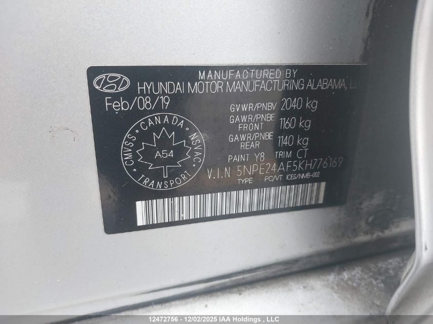 2019 Hyundai Sonata Essential VIN: 5NPE24AF5KH776169 Lot: 12472756