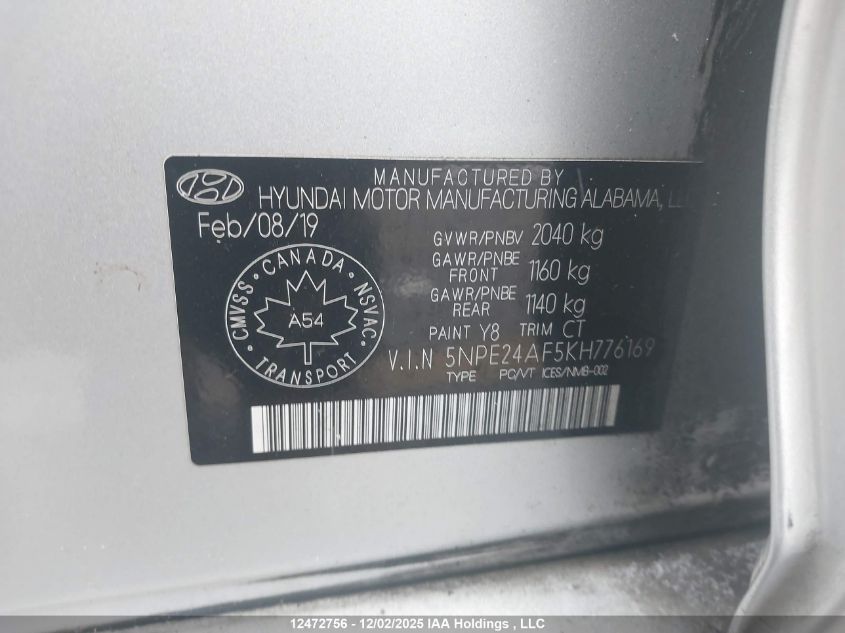 2019 Hyundai Sonata Essential VIN: 5NPE24AF5KH776169 Lot: 12472756