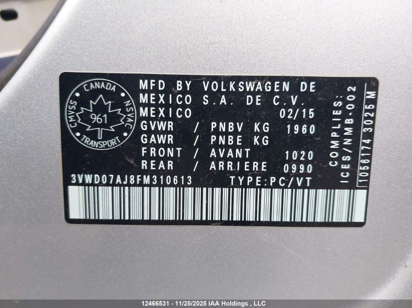 2015 Volkswagen Jetta 1.8 Tsi Comfortline VIN: 3VWD07AJ8FM310613 Lot: 12466531X