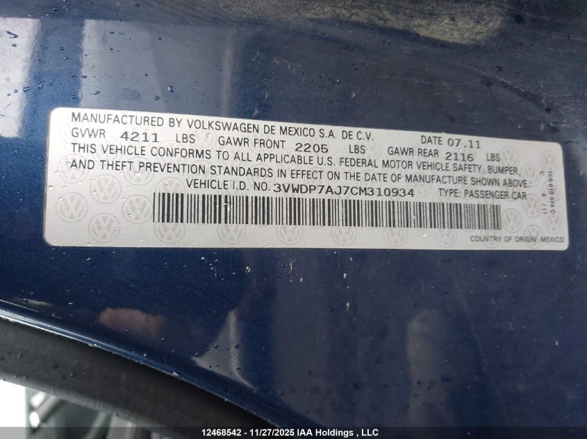 2012 Volkswagen Jetta 2.5L Se VIN: 3VWDP7AJ7CM310934 Lot: 12468542X