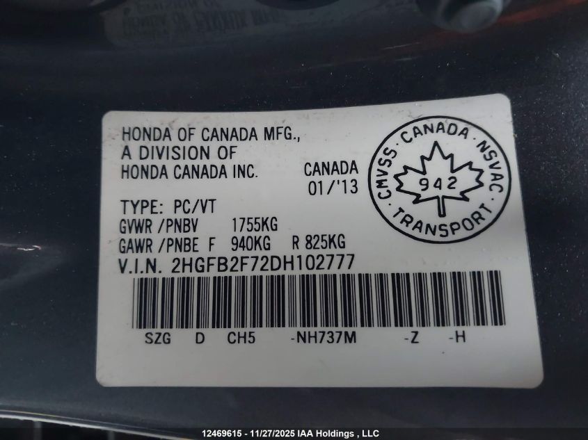 2013 Honda Civic Touring VIN: 2HGFB2F72DH102777 Lot: 12469615X