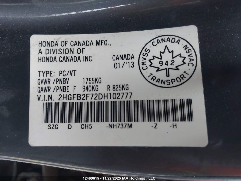 2013 Honda Civic Touring VIN: 2HGFB2F72DH102777 Lot: 12469615X