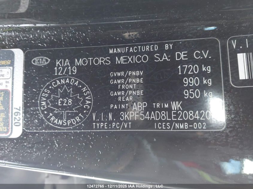 2020 Kia Forte VIN: 3KPF54AD8LE208420 Lot: 12472765
