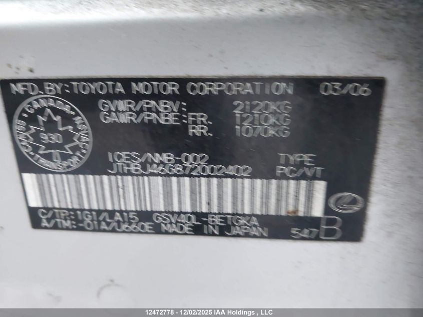 2007 Lexus Es 350 350 VIN: JTHBJ46G872002402 Lot: 12472778